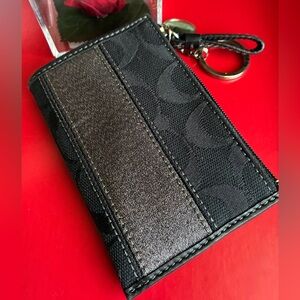 Coach Black Card Case with Metallic Charcoal Stripe
